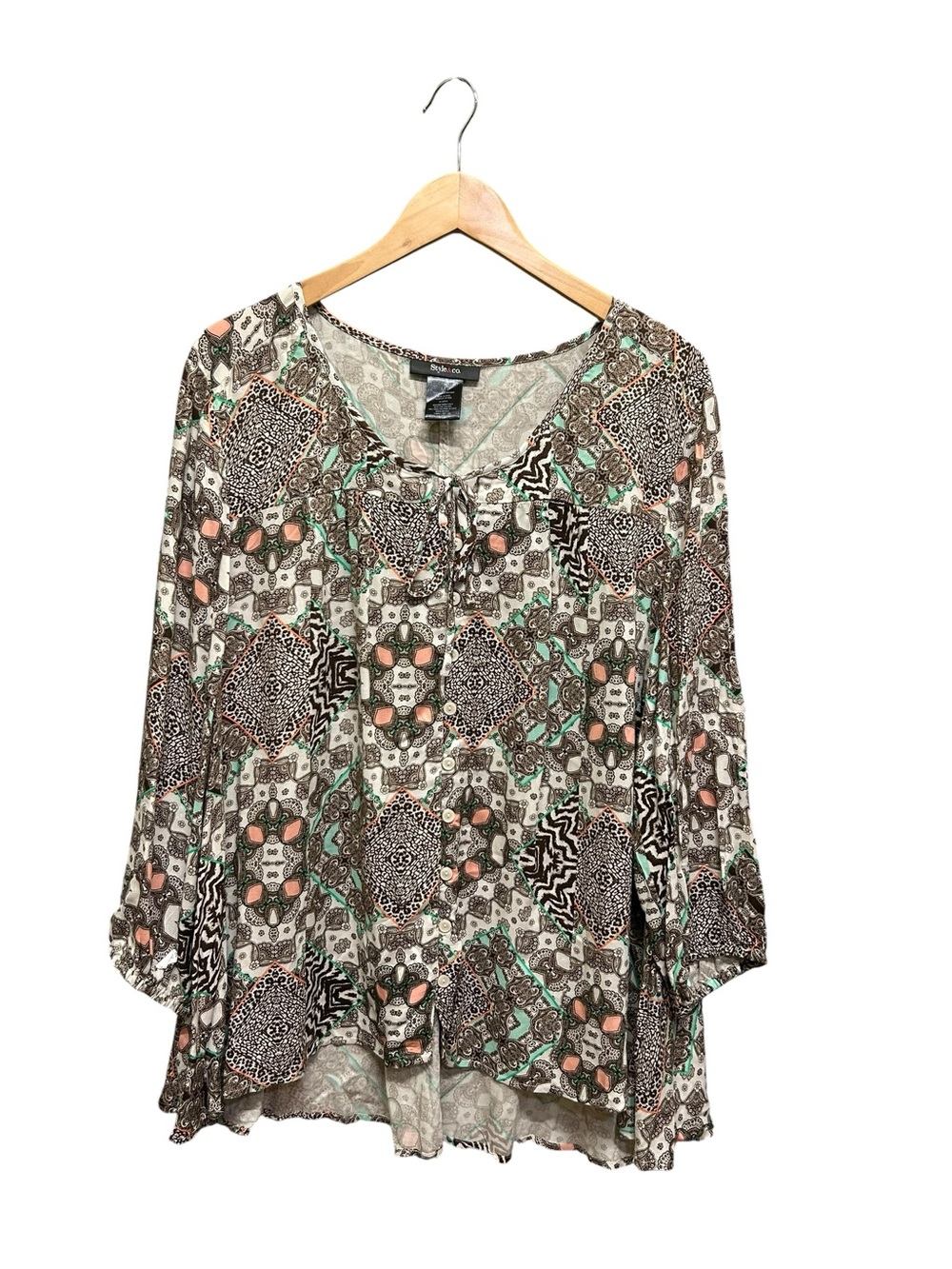 Style & Co Boho Paisley Vintage Geometric Print Rayon Top Blouse Size L